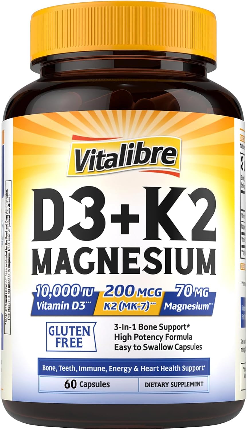 Vitalibre D3 K2 + Magnesium Supplement, 10000 IU Vitamin D3 & 200 mcg K2, with Magnesium Glycinate, Bone, Teeth, Immune & Energy Support, High Absorption, Non-GMO, Easy to Swallow, 60 Capsules