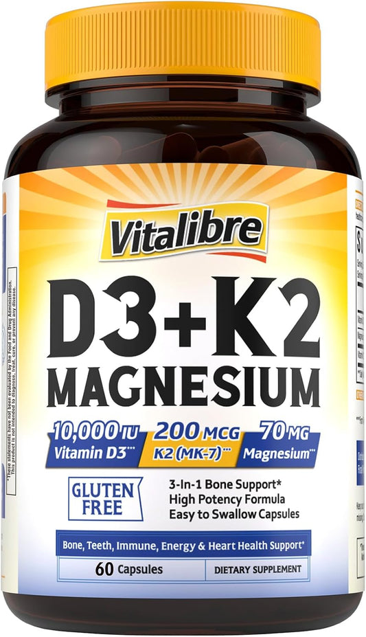 Vitalibre D3 K2 + Magnesium Supplement, 10000 IU Vitamin D3 & 200 mcg K2, with Magnesium Glycinate, Bone, Teeth, Immune & Energy Support, High Absorption, Non-GMO, Easy to Swallow, 60 Capsules
