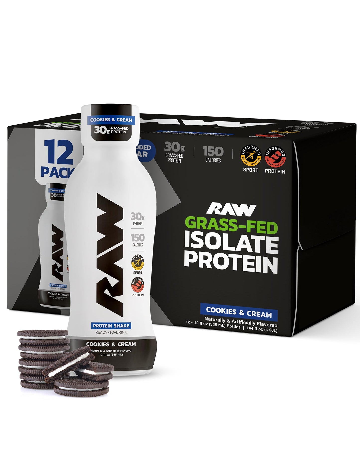 RAW Ready-to-Drink Protein Shake, Strawberry - RTD Protein Drinks with Grass-Fed Whey Protein Isolate for Post-Workout - Zero-Sugar & Gluten-Free Meal Replacement Drink & Breakfast Shake, 12 Fl Oz