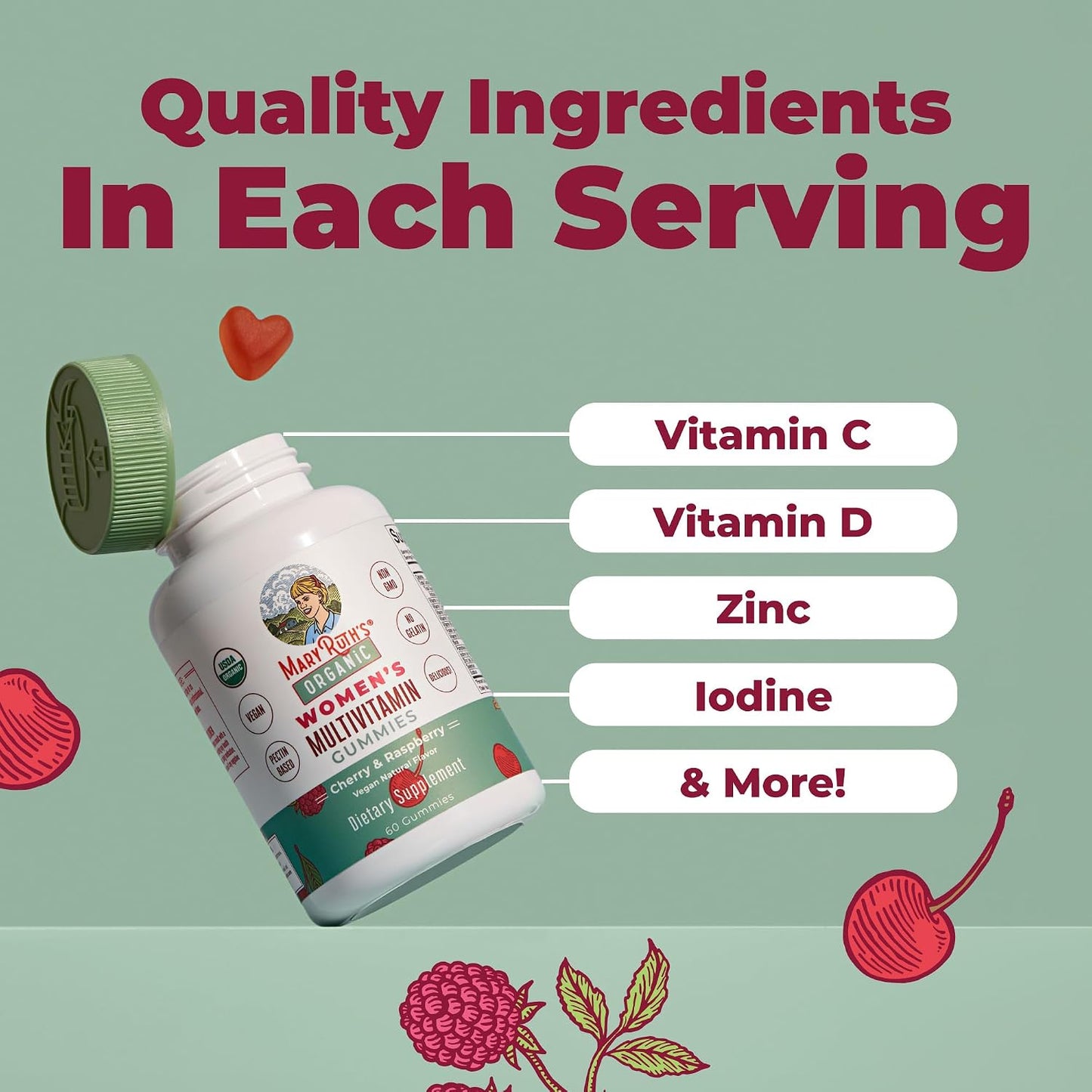 MARYRUTH'S Multivitamin Gummies for Women Ages 14+ | Immune Support | Hair & Skin Health | Reproductive Health | Vitamin A C D E B6 B12 Biotin Zinc Iodine | Organic | Vegan | Non-GMO | 60 Count