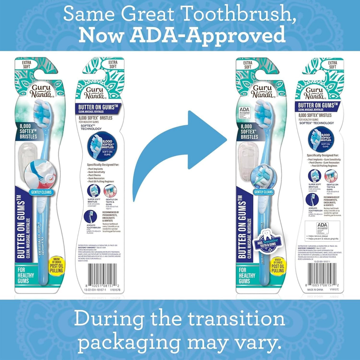 GuruNanda Butter On Gums Toothbrush, ADA Accepted, with 8000+ Ultra Soft Softex Bristles for Sensitive & Receding Gums, Perfect for Whiter Teeth, 8 Ct
