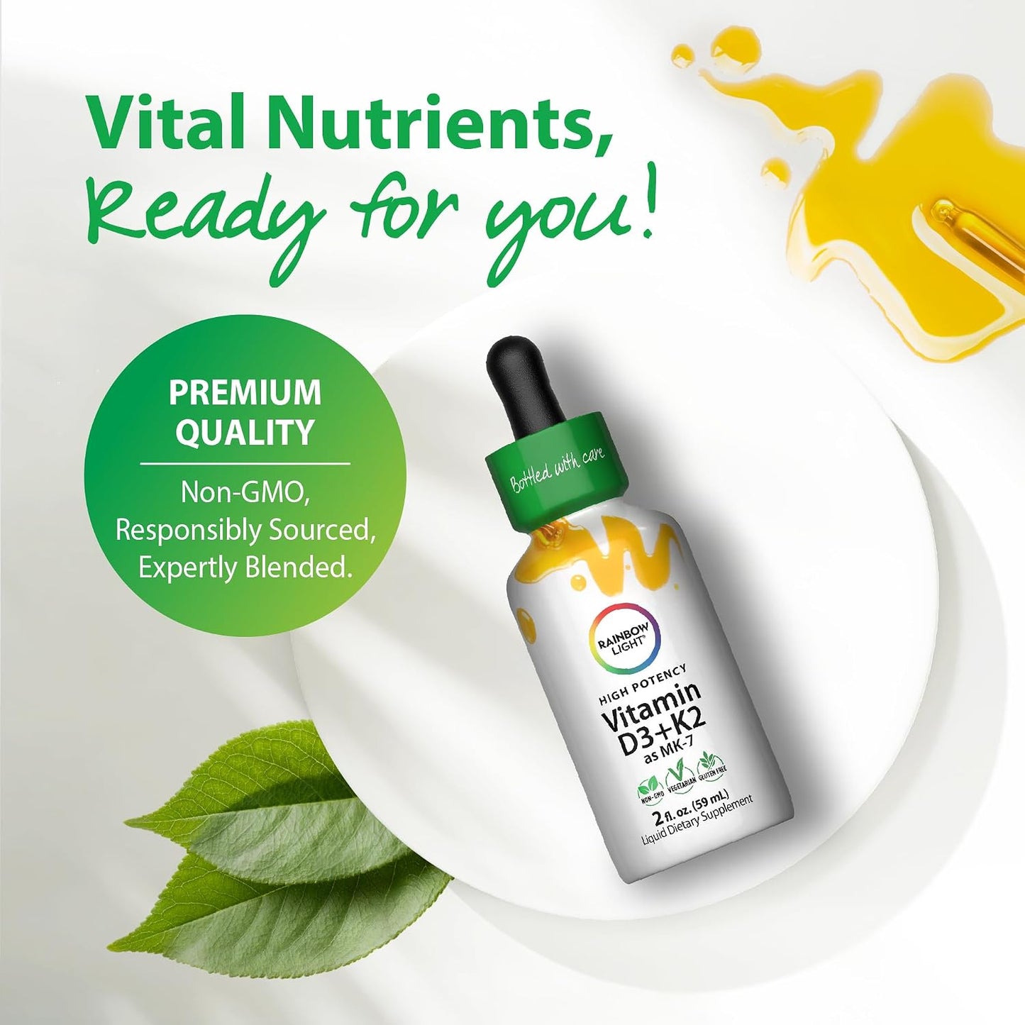 Rainbow Light Vitamin D3 + K2 as MK7 | 2 Fl Oz | 2,000IU Vitamin D | High Potency Formula | Vegetarian, Non-GMO, Gluten Free