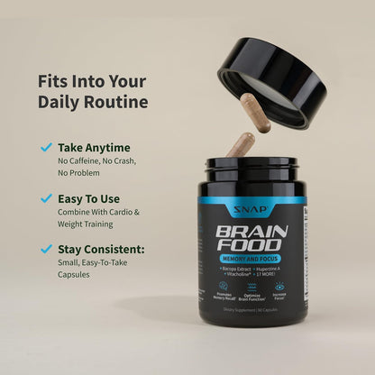 Snap Supplements Brain Booster Nootropics Supplement, 60 Vegan Capsules | Bacopa Extract, Huperzine A, Vitacholine, Ginkgo Biloba, Gluten-Free, Non-GMO, Free of Major Allergens