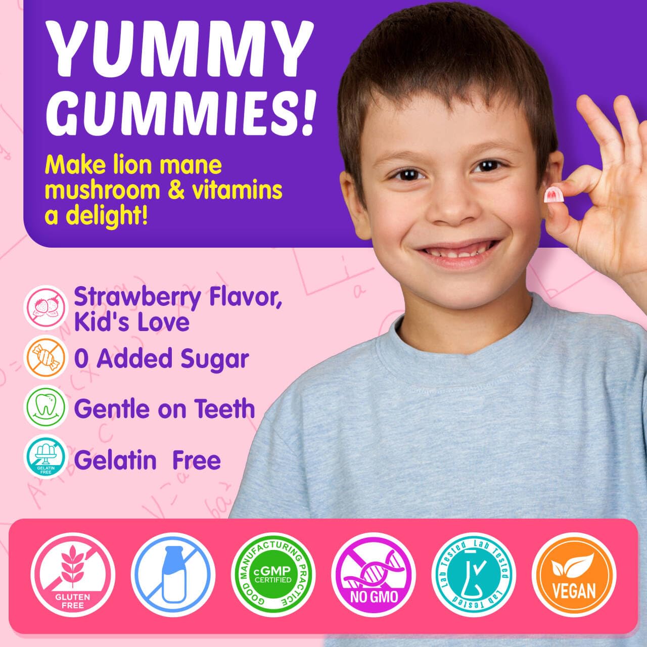 Kids Brain Gummies, Focus Supplement w/Lions Mane Mushroom, Phosphatidylserine, B6, Methyl B12 & B9, Saffron, Brain Vitamins for Focus & Attention, Cognitive, Vision, Energy, Sugar Free, Vegan, 60 Ct