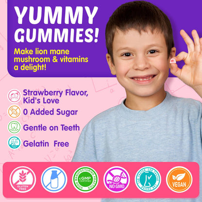 Kids Brain Gummies, Focus Supplement w/Lions Mane Mushroom, Phosphatidylserine, B6, Methyl B12 & B9, Saffron, Brain Vitamins for Focus & Attention, Cognitive, Vision, Energy, Sugar Free, Vegan, 60 Ct
