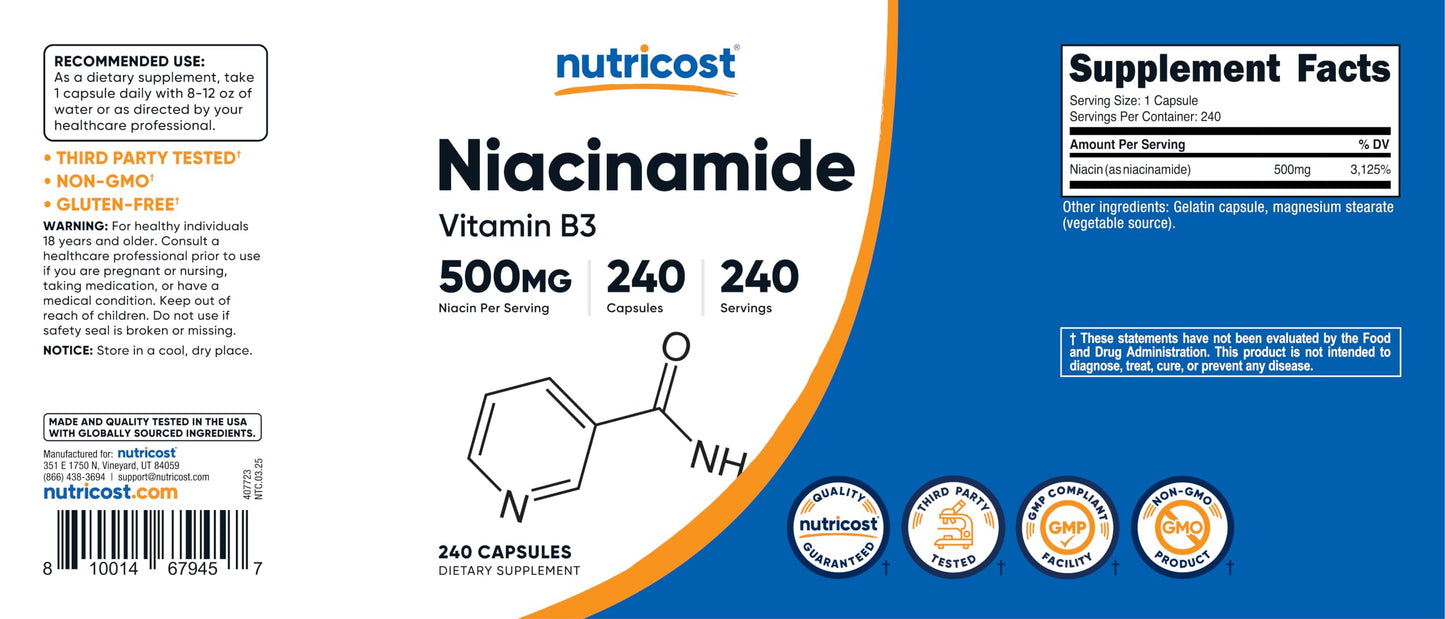 Nutricost Niacinamide (Vitamin B3) 500mg, 240 Capsules - Non-GMO, Gluten Free, Flush Free Vitamin B3