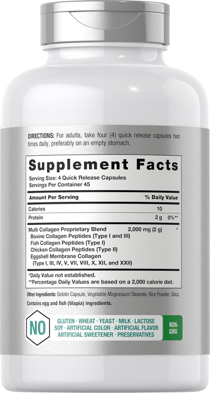 Horbäach Multi Collagen Protein 2000 mg | 180 Capsules | Type I, II, III, V, X | Keto & Paleo Friendly | Non-GMO, Gluten Free Supplement