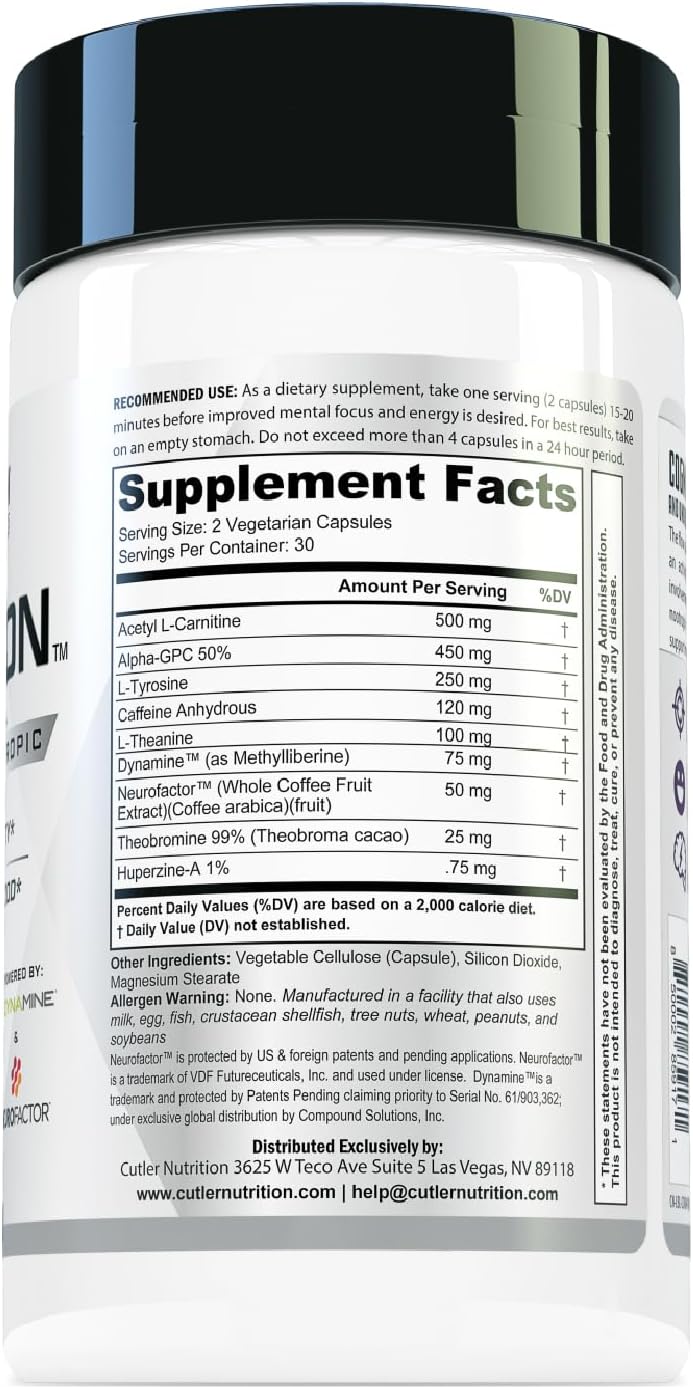 Cutler Nutrition Cognition Nootropic Brain Focus Supplement, 60 Capsules | Alpha GPC, Dynamine, caffeine and L-theanine for mental clarity, memory, concentration and sustained focus at work or study