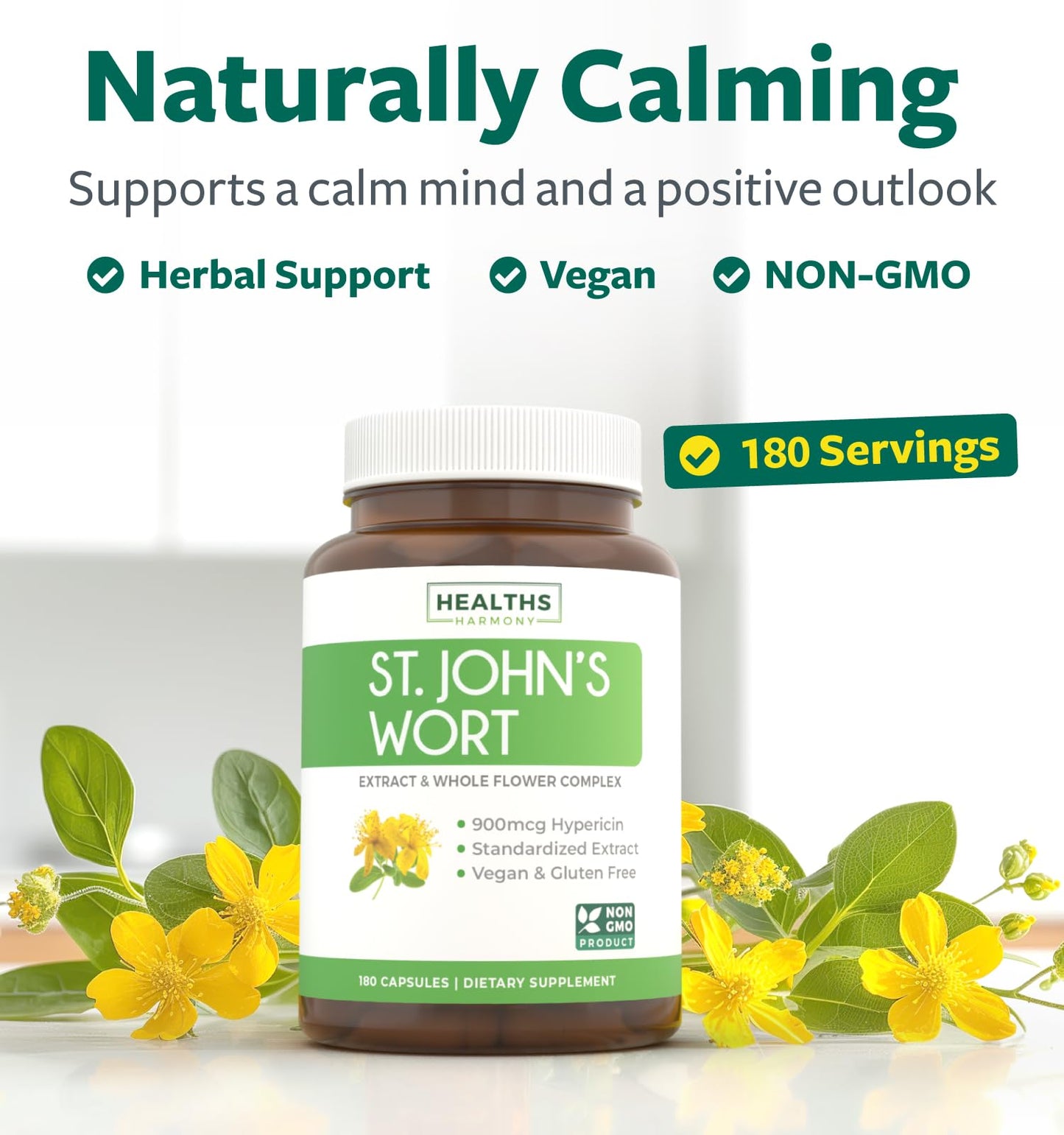 St John's Wort Capsules - Powerful & Potent Saint John's Wort Extract & Whole Herb Complex Standardized to 900mcg Hypericin for Balancing Daily Mood Support - Vegan Non-GMO & Lab Verified (120 Caps)