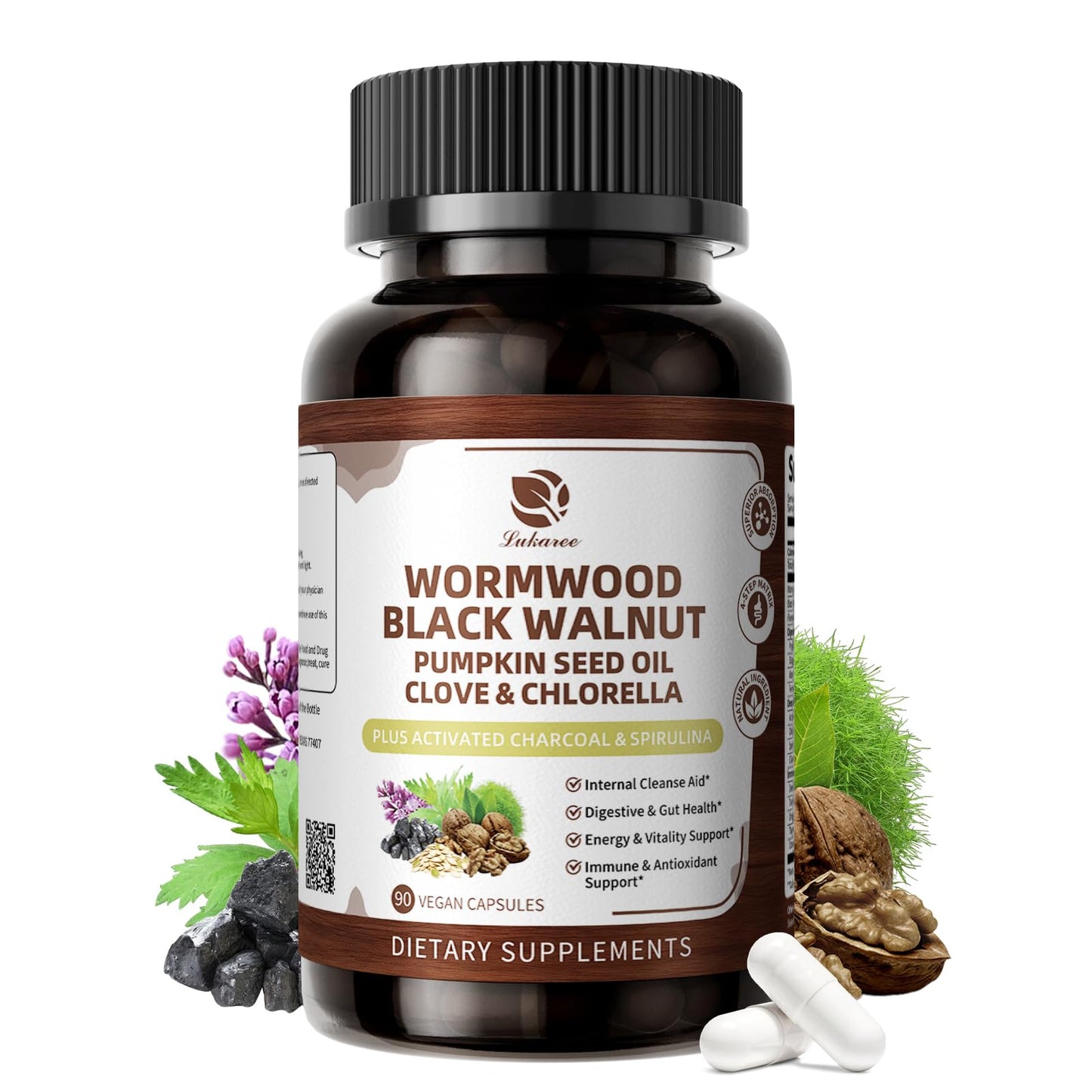 Wormwood Black Walnut Cleanse for Human 1200mg - Gut Health Supplement | Plus Pumpkin Seed Oil,Clove,Activated Charcoal for Daily Digestive Balance - Men & Women Probiotic Capsules -Vegan, 60 Count