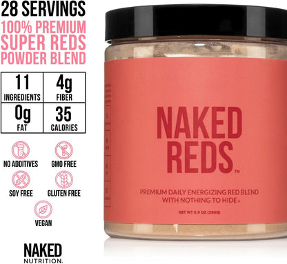 NAKED Reds Superfood Powder - Healthy, Energizing Polyphenol Fruit Powder Mix, No Fillers, No Additives, Vegan, Non-GMO, Gluten Free - 28 Servings