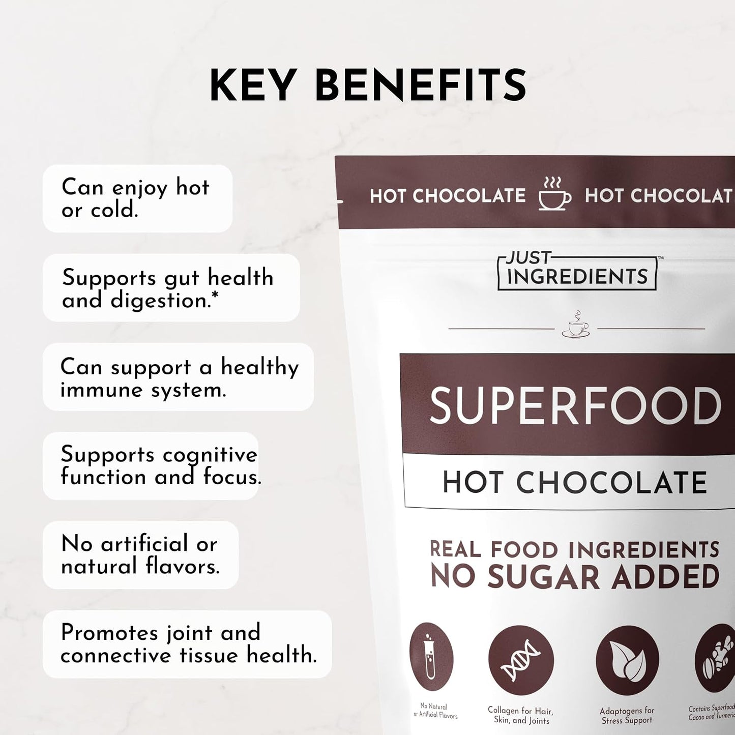 JUST INGREDIENTS Superfood Hot Chocolate Powder - Collagen, Cacao, Ashwagandha, Turmeric, 25 Servings