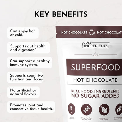 JUST INGREDIENTS Superfood Hot Chocolate Powder - Collagen, Cacao, Ashwagandha, Turmeric, 25 Servings