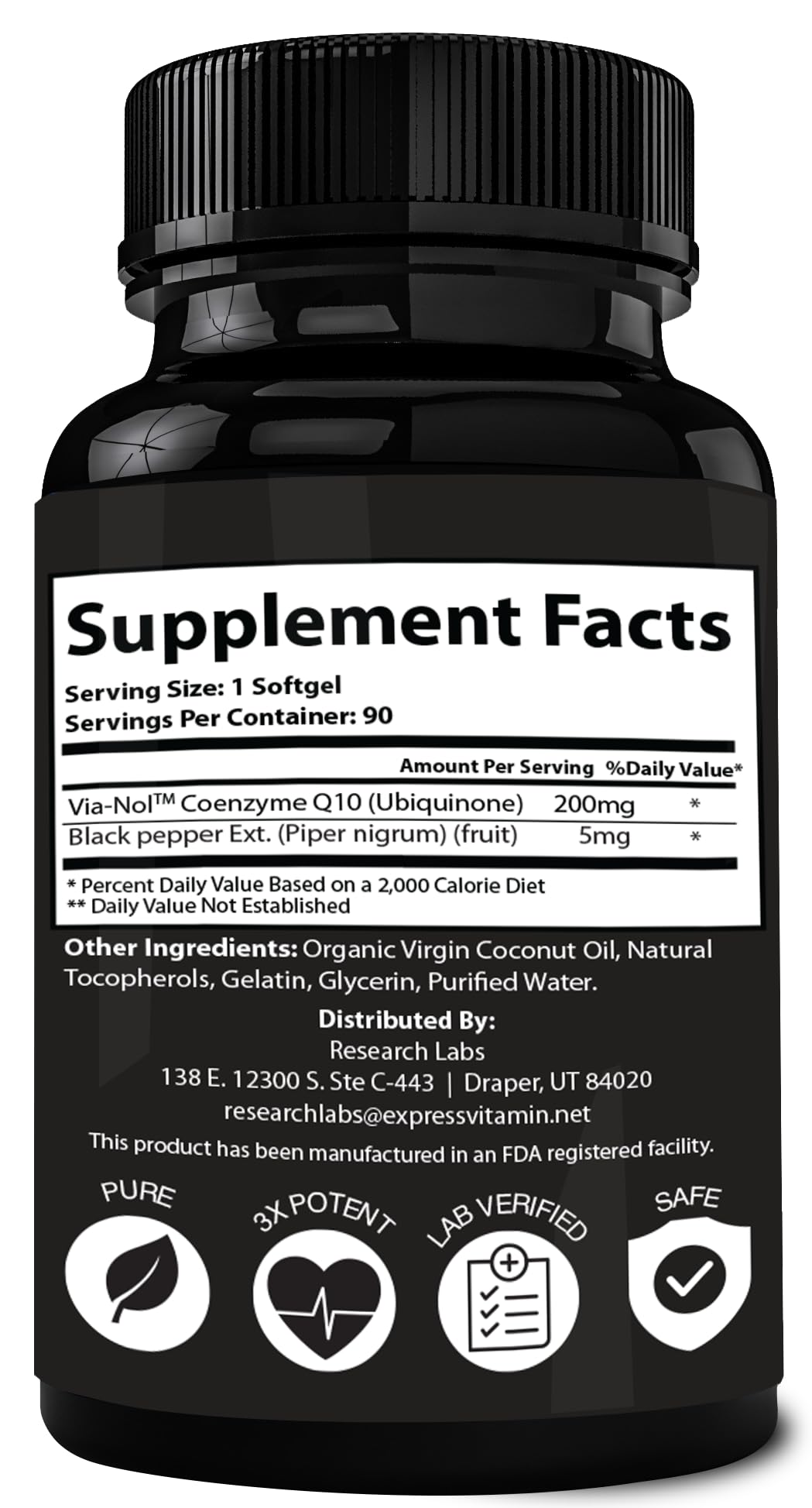 Research Labs 180 Softgels Advanced Absorption 200mg CoQ10 w/Black Pepper Extract. 2 for 1 Ad. Organic, Gluten Free, Heart Health Support, Energy Production, Antioxidant Supplement