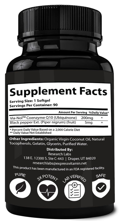 Research Labs 180 Softgels Advanced Absorption 200mg CoQ10 w/Black Pepper Extract. 2 for 1 Ad. Organic, Gluten Free, Heart Health Support, Energy Production, Antioxidant Supplement
