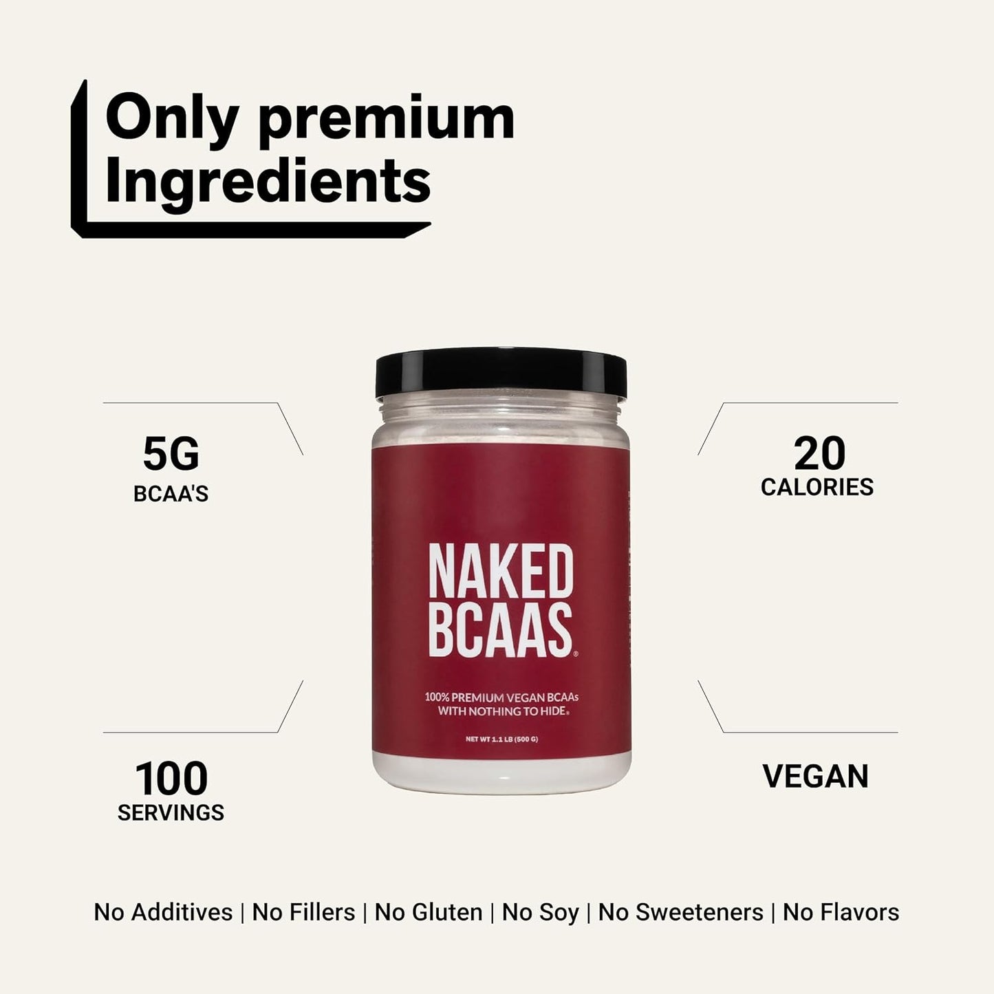NAKED BCAAs Amino Acids Powder, Only 1 Ingredient, Pure 2:1:1 Formula, Vegan Unflavored Branched Chain Amino Acids, Instantized All Natural BCAA Supplement - 500 Grams, 100 Servings