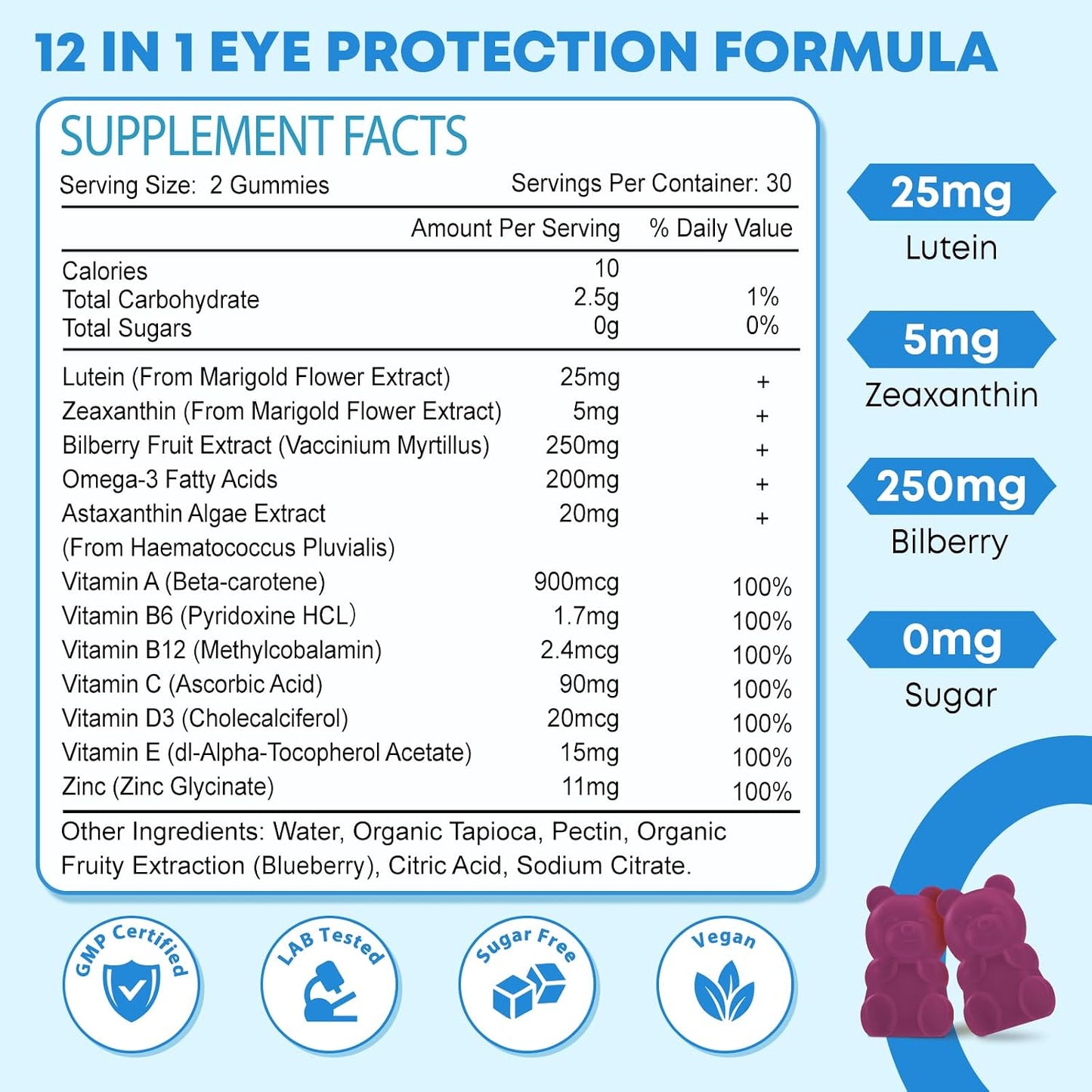 2 Pack Lutein Gummies, 12 in 1 Lutein and Zeaxanthin Supplements Eye Vitamins Gummies for Adults, Eye Health Supplement with Multiple Vitamin for Promoting Eye & Vision - 120 Gummies