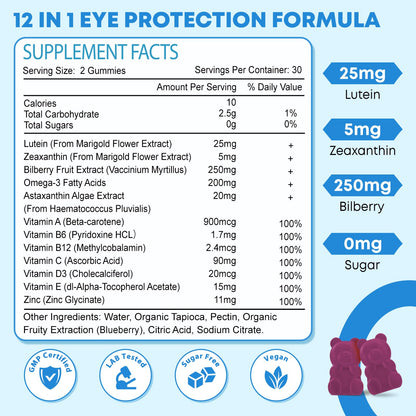 2 Pack Lutein Gummies, 12 in 1 Lutein and Zeaxanthin Supplements Eye Vitamins Gummies for Adults, Eye Health Supplement with Multiple Vitamin for Promoting Eye & Vision - 120 Gummies