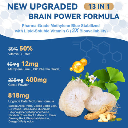 USP Methylene Blue Pharmaceutical Grade, Vitamin C Ester, Bacopa, Phosphatidylserine, Omega-3 Fatty Acids - 13 in 1 Upgrade Patented Brain Formula - Memory, Focus, Clarity, Cognitive, 120 Count