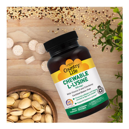 Country Life Chewable L-Lysine Supplement with Vitamin D and Elderberry, Immune Support and Collagen Renewal for Skin Tissue, Ideal for Adults