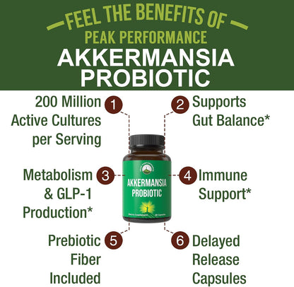 Peak Performance Akkermansia Probiotic to Increase GLP-1 Production - Ultra High Strength Akkermansia Muciniphila Live Strain with Prebiotic Fiber for Gut Health - Delayed Release, 3rd Party Tested