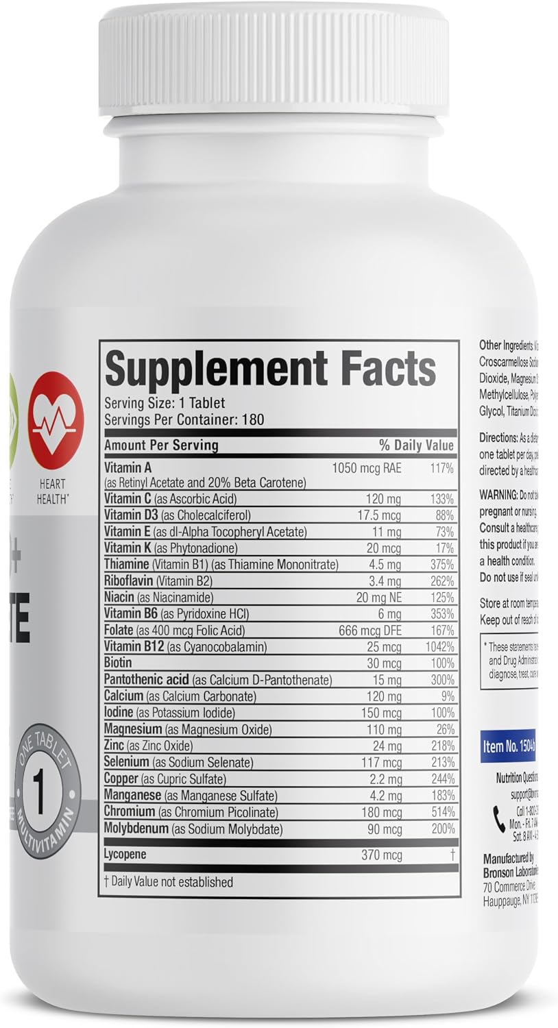 Bronson ONE Daily Mens 50+ Complete Multivitamin Multimineral, 180 Tablets | Once-Daily, Targeted Nutrition For Active Men Over 50, Non-GMO, Gluten-Free, Soy-Free
