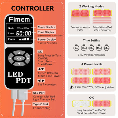 Fimem Red Light Therapy Belt 660nm 850nm 940nm, Red Light Therapy Device for Back, Infrared Light Therapy