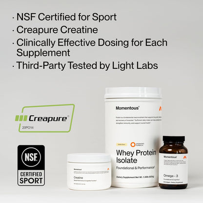 Momentous Three - Creatine Monohydrate Powder (90 Servings), Grass-Fed Whey Protein Powder (Chocolate) & Omega-3 Fish Oil 1600mg - Daily Essentials for Strength, Performance & Lean Muscle Recovery