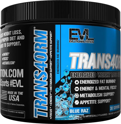 Evlution Thermogenic Fat Burning Support Powder Nutrition Trans4orm Fast Acting Energy Powder to Support Fast Metabolism Weight Loss and Mental Focus with CLA Carnitine and Alpha GPC - Blue Raz