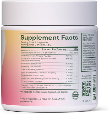 Bloom Nutrition Hormone Support Capsules for Women, Balance, 30 Servings | Cortisol Support, Menstrual Health, PMS Symptoms, Pomegranate Extract, Chaste Tree Berry & Dong Quai Root