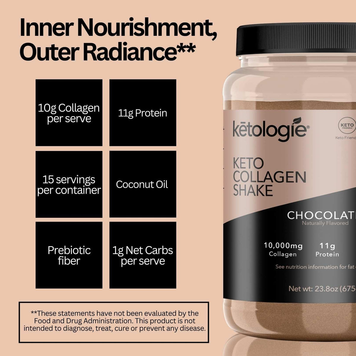 Ketologie Keto Collagen Shake (Chocolate) - with Coconut Oil, Prebiotics, Grass-Fed Hydrolyzed