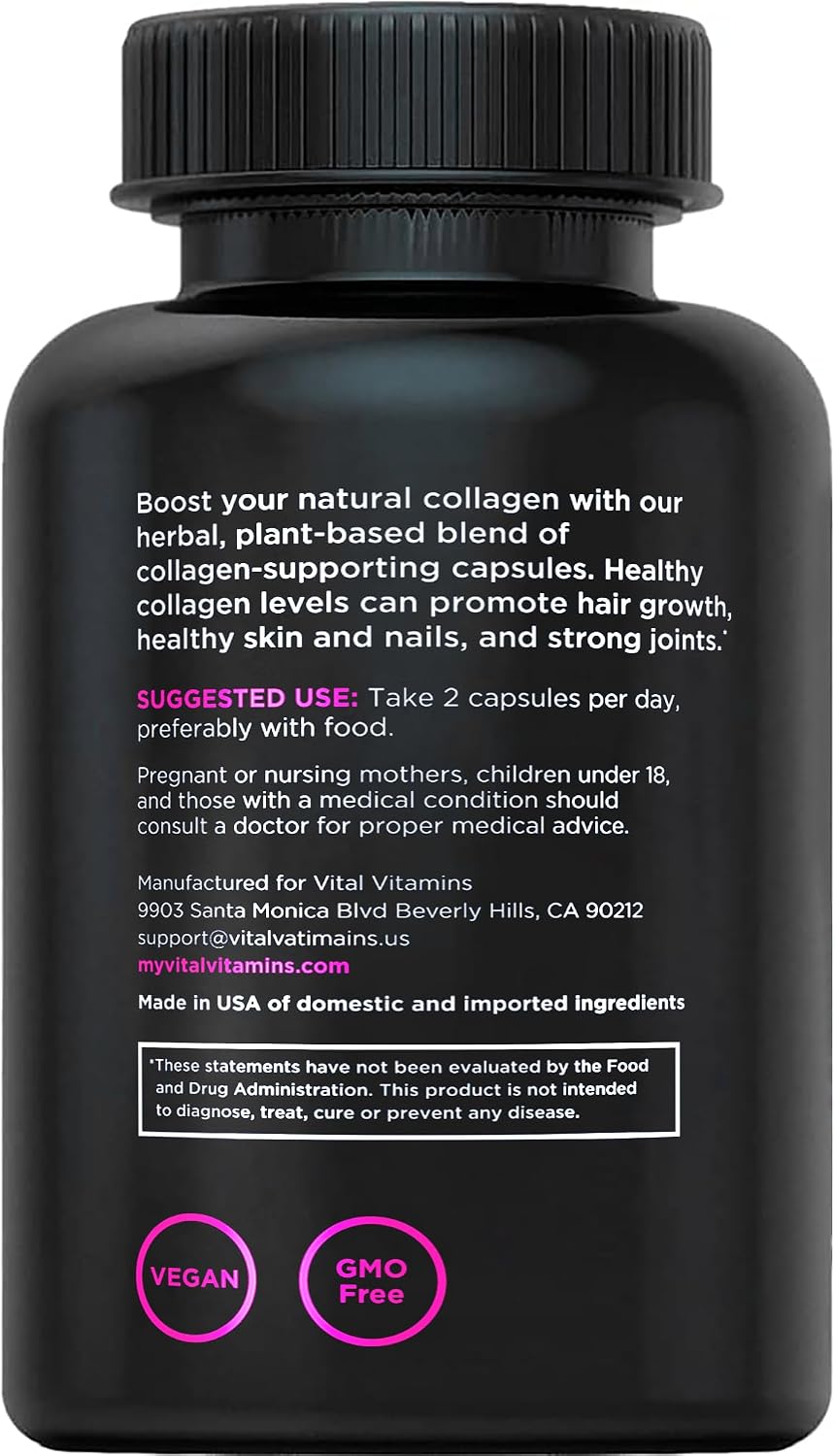 Vital Vitamins Vegan Collagen Booster Supplements, 60 Capsules | Supports Skin, Hair, Nails & Joints, Formulated with 30+ Superfoods, Hyaluronic Acid, Silica & Vitamin A, Non-GMO