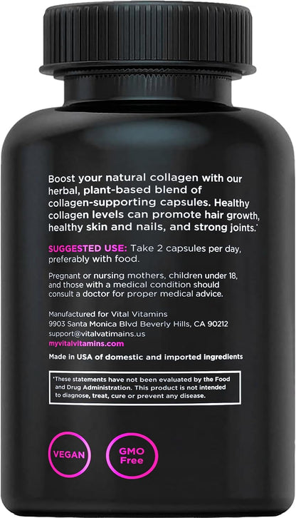 Vital Vitamins Vegan Collagen Booster Supplements, 60 Capsules | Supports Skin, Hair, Nails & Joints, Formulated with 30+ Superfoods, Hyaluronic Acid, Silica & Vitamin A, Non-GMO