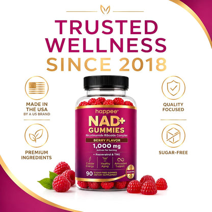 Happee NAD+ Gummies Supplement for Women & Men, Sugar-Free 1,000mg 90 Ct | Healthy Aging, Energy, & Focus 5-in-1 NAD Plus Resveratrol, Nicotinamide Riboside 500mg NR, TMG, Quercetin, & CoQ10