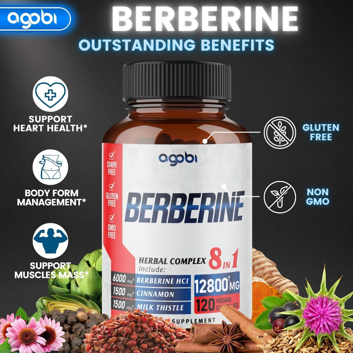 120 Capsules - Berberine Supplement 12800mg with Ceylon, Milk Thistle, Turmeric