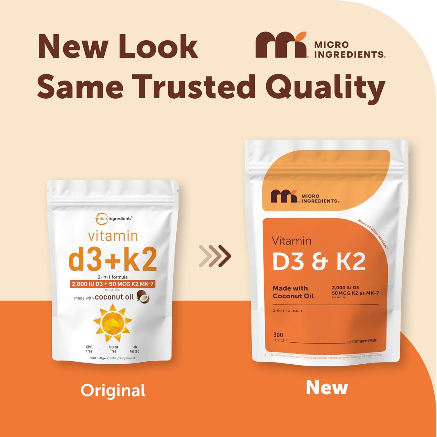 Micro Ingredients Vitamin D3 2,000 IU + K2 MK-7 50 mcg, 300 Softgels | Made with Coconut Oil | 2-in-1 Formula | Easy to Swallow, Non-GMO