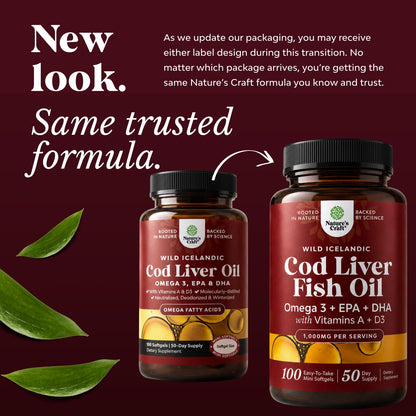 Icelandic Wild Caught Cod Liver Oil Softgels - Fish Omega 3, EPA, DHA, Vitamin D & A, 1000mg Per Serving - Burpless Capsules for Heart, Joint, Brain & Immune Support - 100 Count