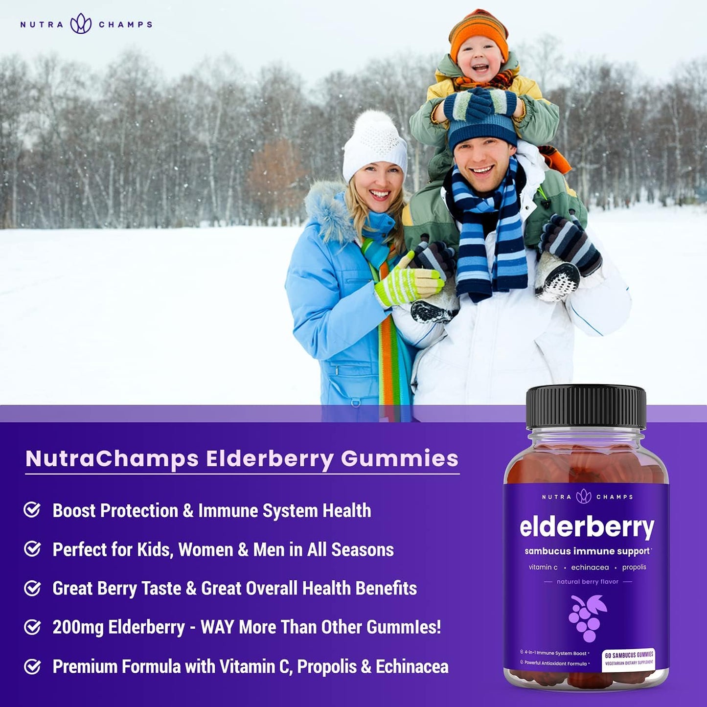 NutraChamps Elderberry Gummies with Vitamin C, Propolis & Echinacea - Immune System Support Gummy Vitamins for Adults & Kids - Max Strength 200mg Sambucus Antioxidant