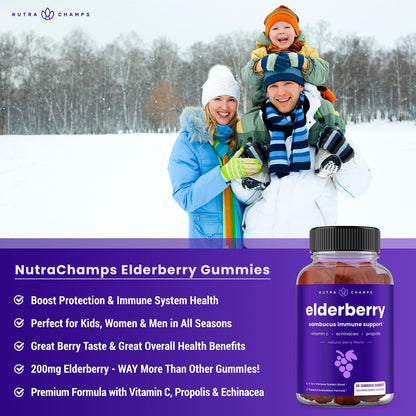 NutraChamps Elderberry Gummies with Vitamin C, Propolis & Echinacea - Immune System Support Gummy Vitamins for Adults & Kids - Max Strength 200mg Sambucus Antioxidant