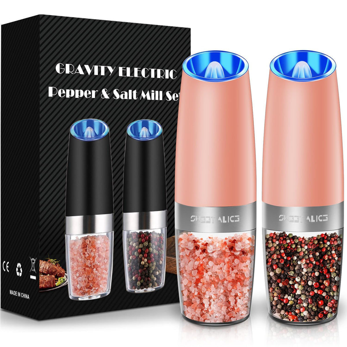 Gravity Electric Pepper and Salt Grinder Set, Adjustable Coarseness, Battery Powered 