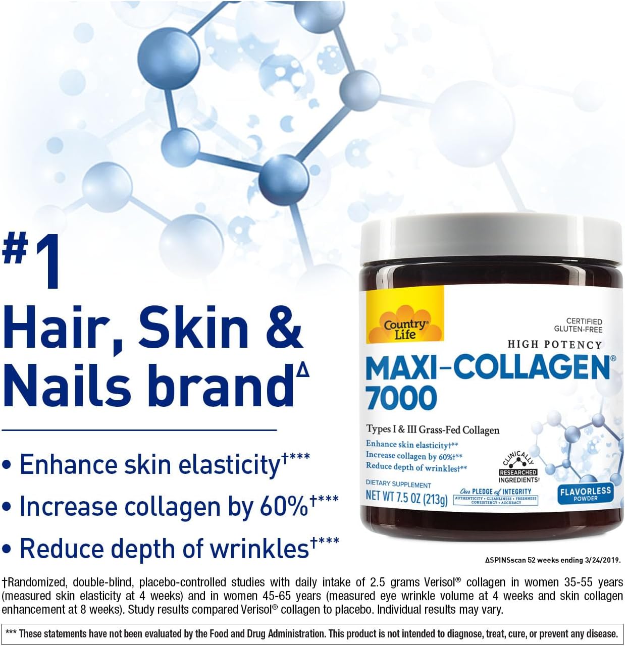Country Life Maxi-Collagen 7000 Powder - Verisol Bioactive Collagen Peptides, Vitamin C, A & Biotin, 4,500 mg Types I & III Grass-Fed Collagen - Supports Skin, Hair, Nails & Joint Health, 7.5 oz