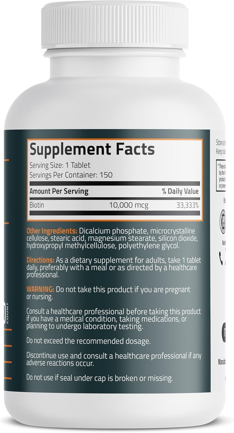 Bronson Biotin 10,000mcg Hair Skin and Nails Vitamins, 150 Tablets | Vegetarian Beauty Support, Non-GMO, Gluten-Free, Soy-Free, Supports Healthy Hair, Skin and Nails