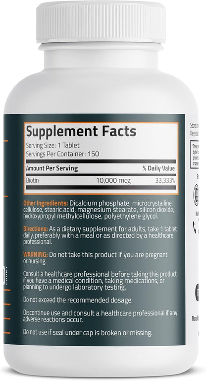 Bronson Biotin 10,000mcg Hair Skin and Nails Vitamins, 150 Tablets | Vegetarian Beauty Support, Non-GMO, Gluten-Free, Soy-Free, Supports Healthy Hair, Skin and Nails