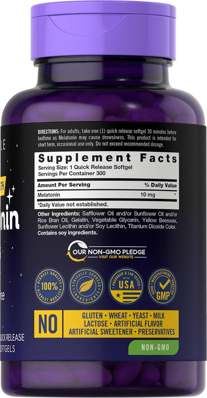 Carlyle Melatonin 10mg | 300 Softgels | Extra Strength Support for Adults | Non-GMO, Gluten Free Supplement