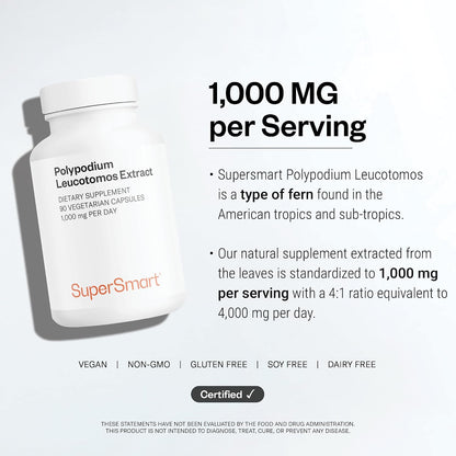 SuperSmart Polypodium Leucotomos Extract 1000mg per Serving (Fern Extract 4:1) - PLE Supplement | Non-GMO & Gluten Free - 90 Vegetarian Capsules