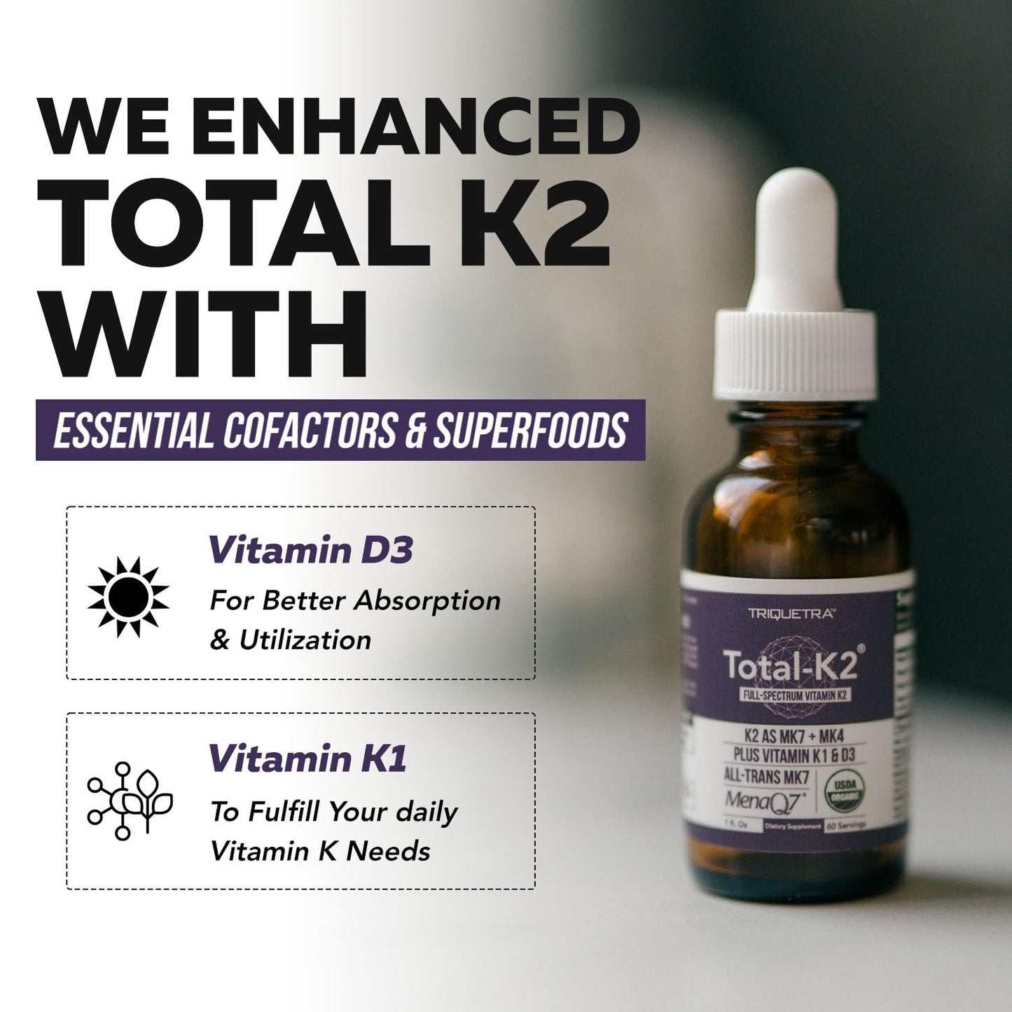 Total K2® | Vitamin K2 as MK7 & MK4 | Plus K1 & Vitamin D3 Cofactor - 620 mcg K2 per Serving - All-Trans MK7 from MenaQ7® - Full-Spectrum Vitamin K - Vegan, Organic Certified (60 Capsules)