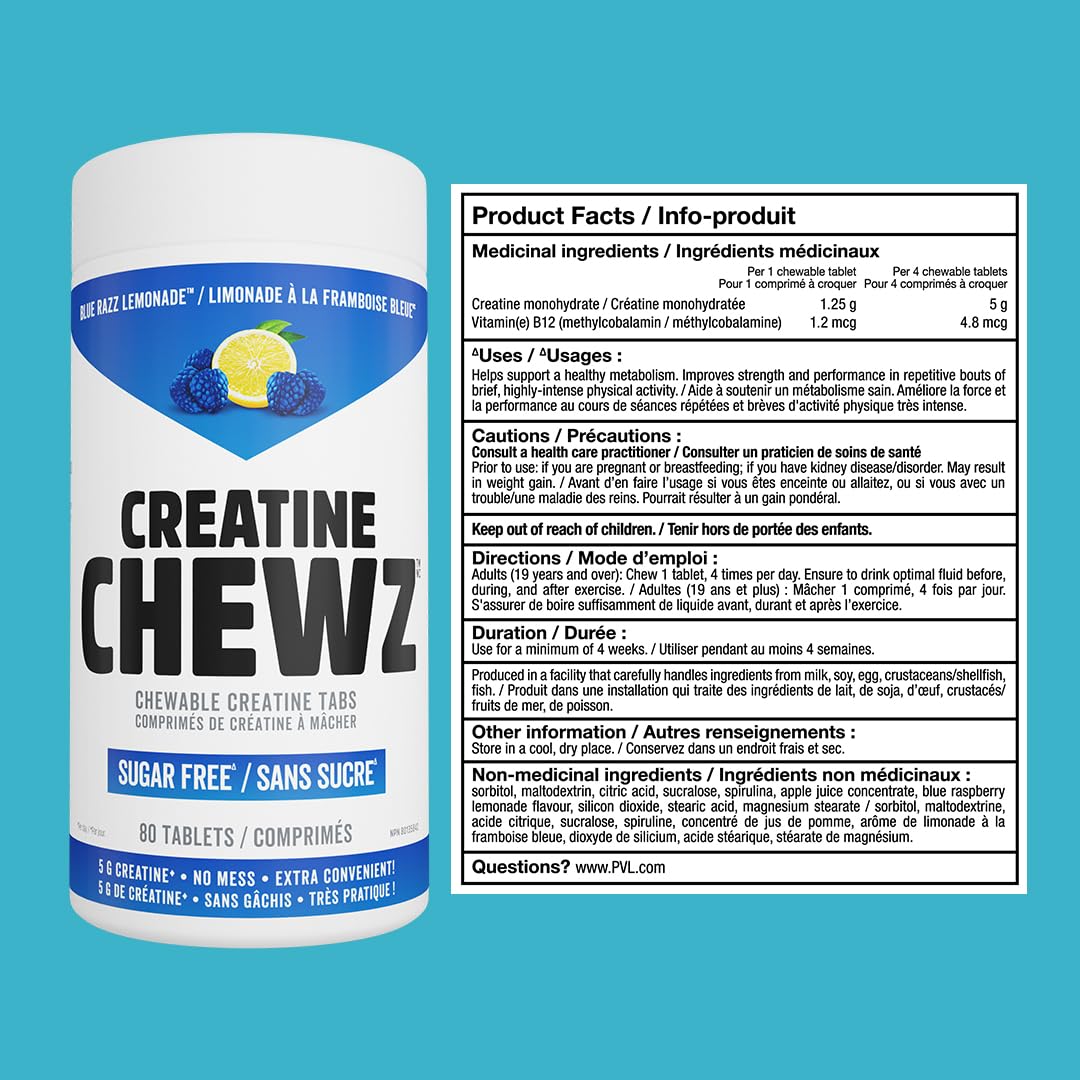 PVL Creatine Chewz – Sugar-Free Chewable Creatine Supplement for On-The-Go Use – 5g Creatine Monohydrate Per Day – Pre Workout & Muscle Recovery Support – 80 Tablets – Mixed Berry