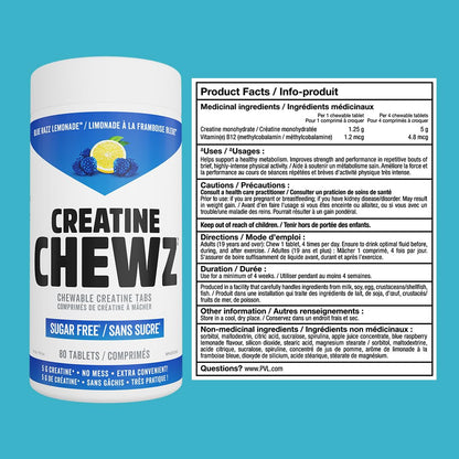 PVL Creatine Chewz – Sugar-Free Chewable Creatine Supplement for On-The-Go Use – 5g Creatine Monohydrate Per Day – Pre Workout & Muscle Recovery Support – 80 Tablets – Mixed Berry