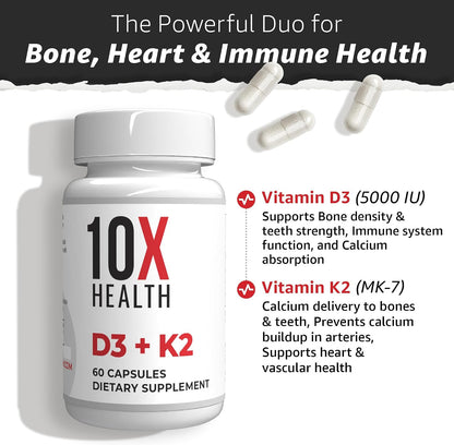 10X Health Vitamin D3 K2-60 Capsules | Vitamin K2 Mk7: 5000 IU Vitamin D3, Bone, Heart & Teeth Support, 60 Capsules