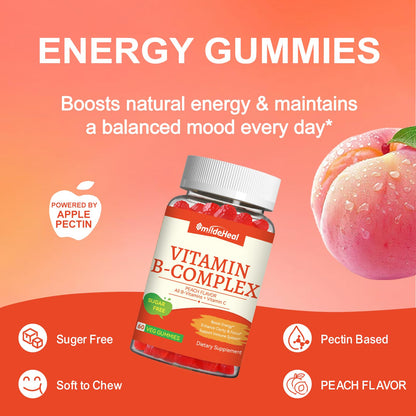 Vitamin B Complex Gummies for Women & Men - All B Complex & B12 - 60 Gummy | Vitamin B12, B1, B2, B3, B5, B6, B7 & B9 with Vitamin C & Choline - Energy & Immune Support* - Vegan, Peach Flavor